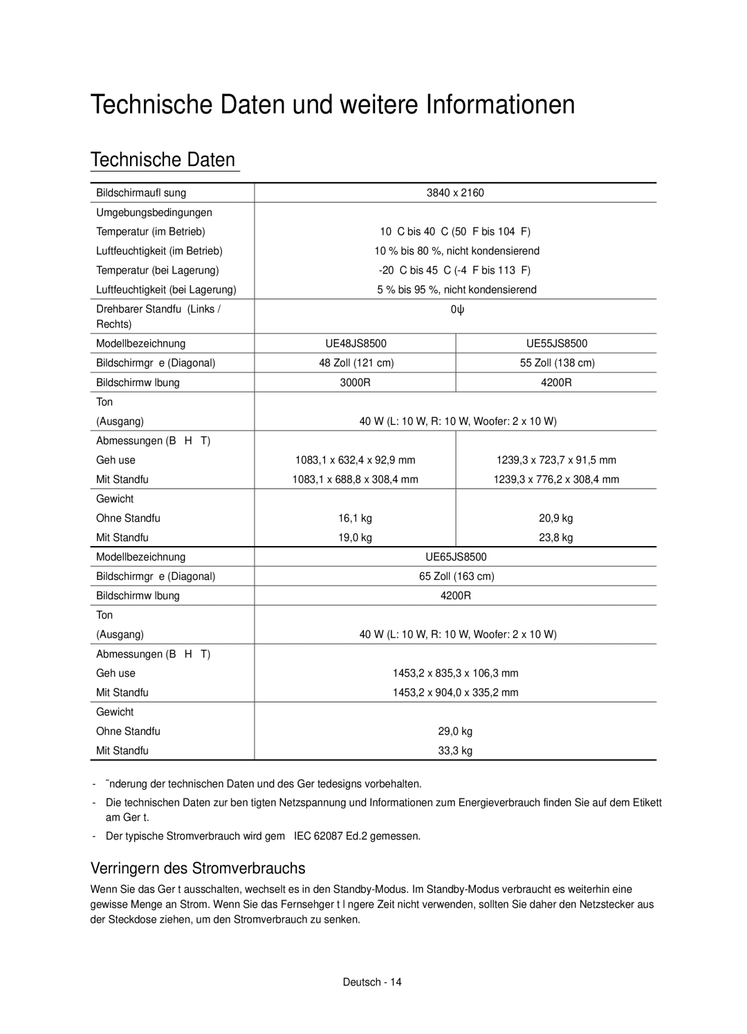 Samsung UE55JS8500TXZT, UE48JS8500TXXC manual Technische Daten und weitere Informationen, Verringern des Stromverbrauchs 