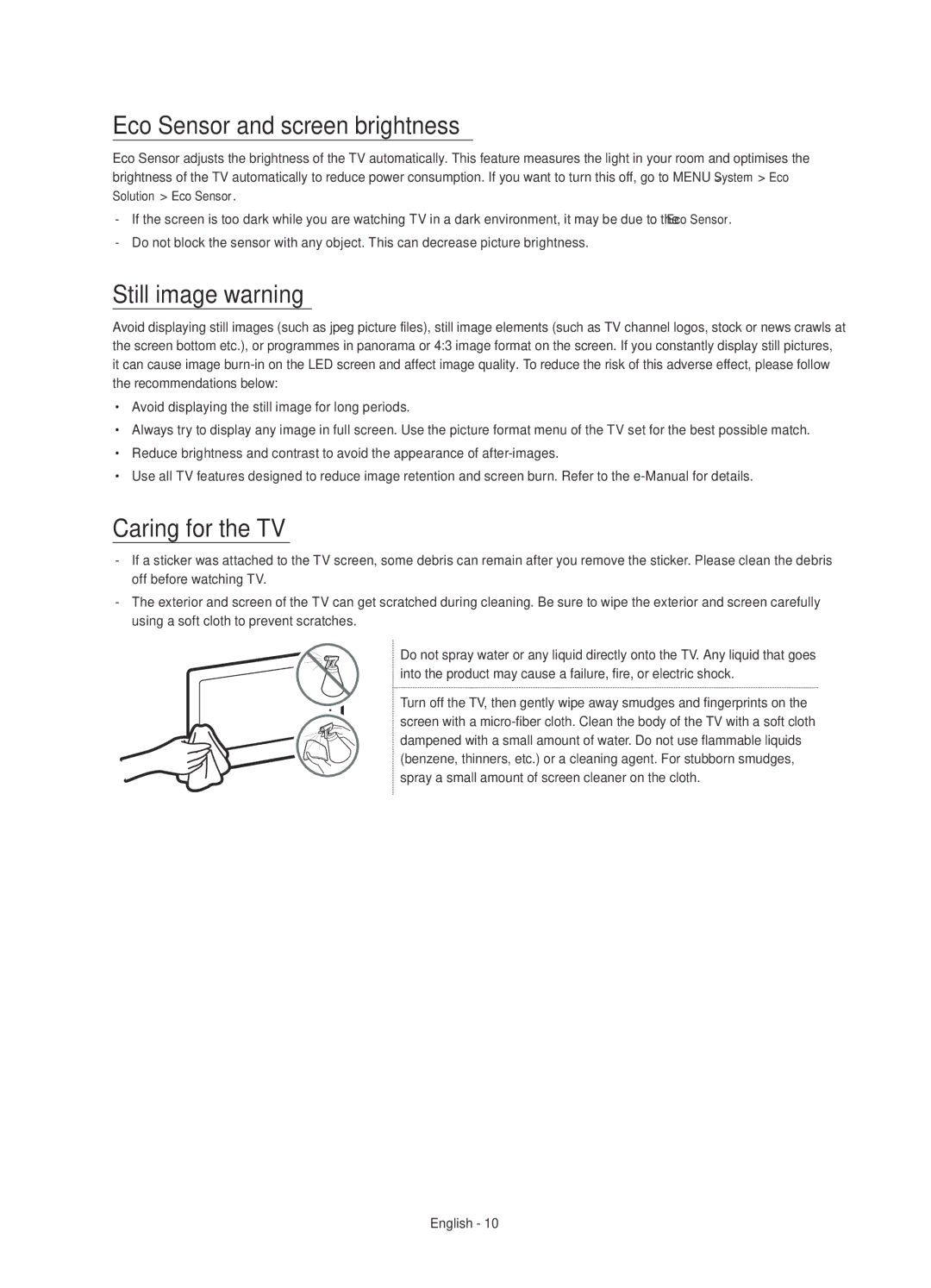 Samsung UE48JS8500TXZF, UE48JS8500TXXC manual Eco Sensor and screen brightness, Still image warning, Caring for the TV 