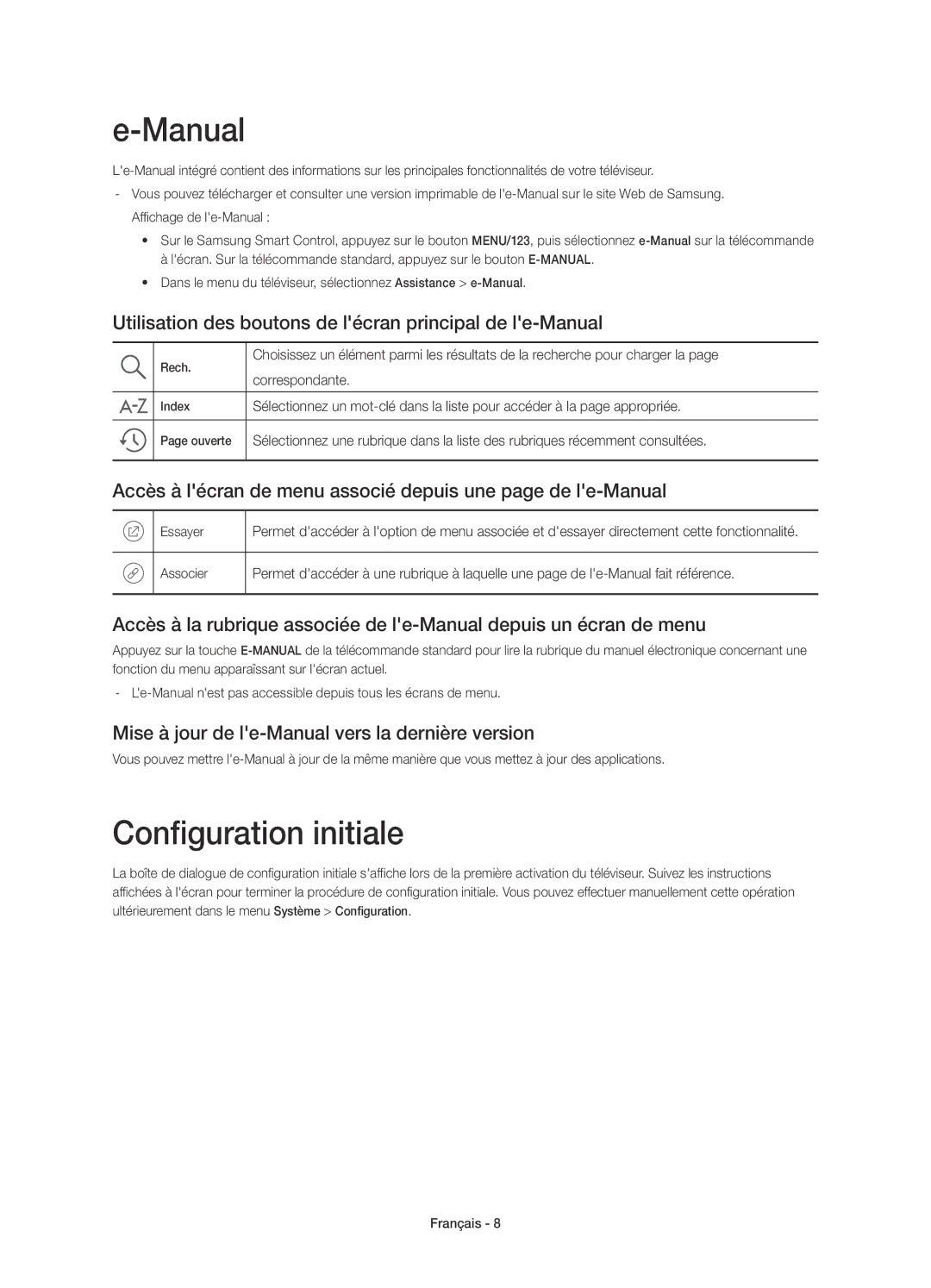 Samsung UE55JS8500TXXU manual Configuration initiale, Utilisation des boutons de lécran principal de le-Manual 