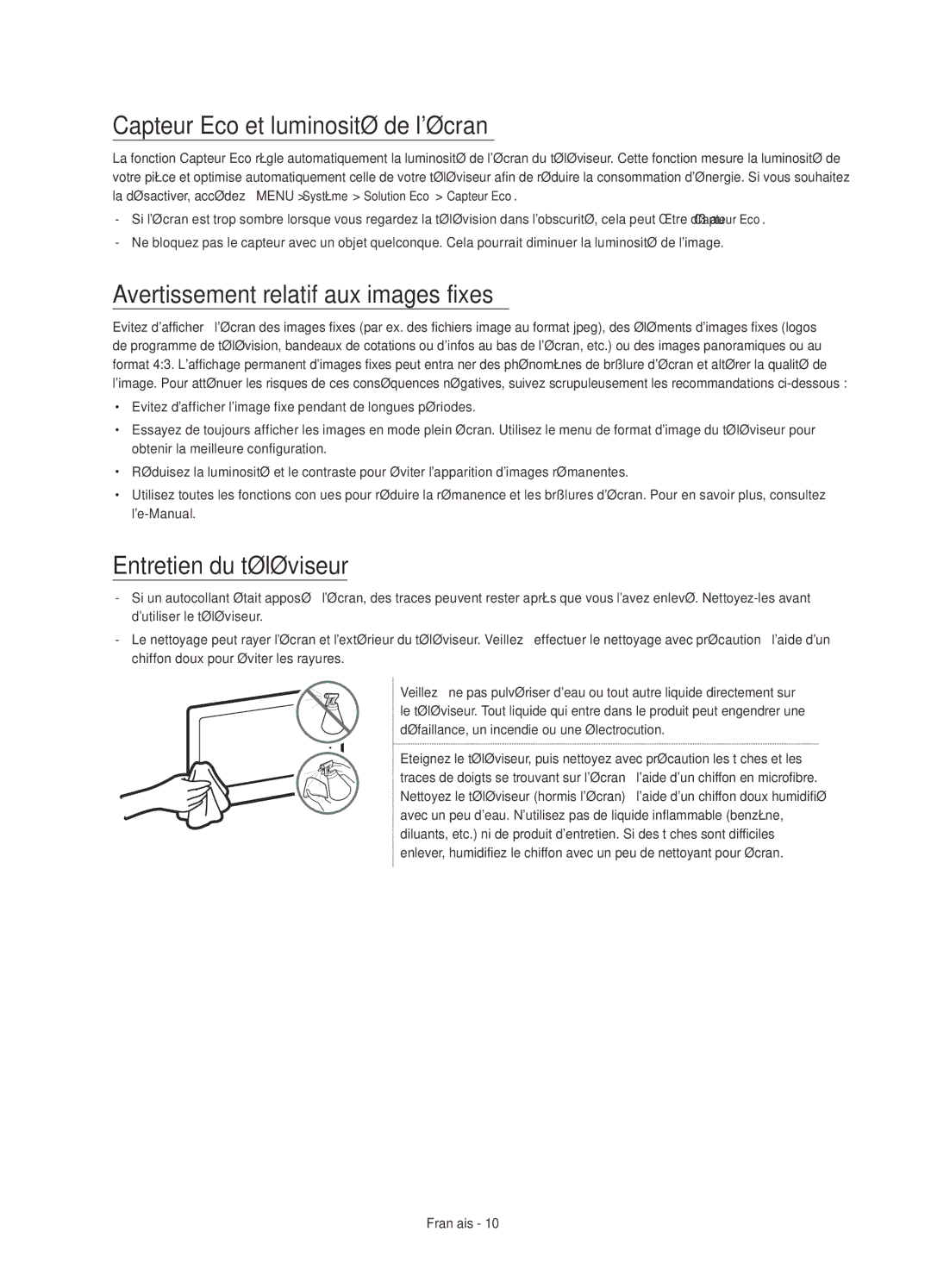 Samsung UE48JS8500TXXC, UE55JS8500TXXC manual Capteur Eco et luminosité de lécran, Avertissement relatif aux images fixes 