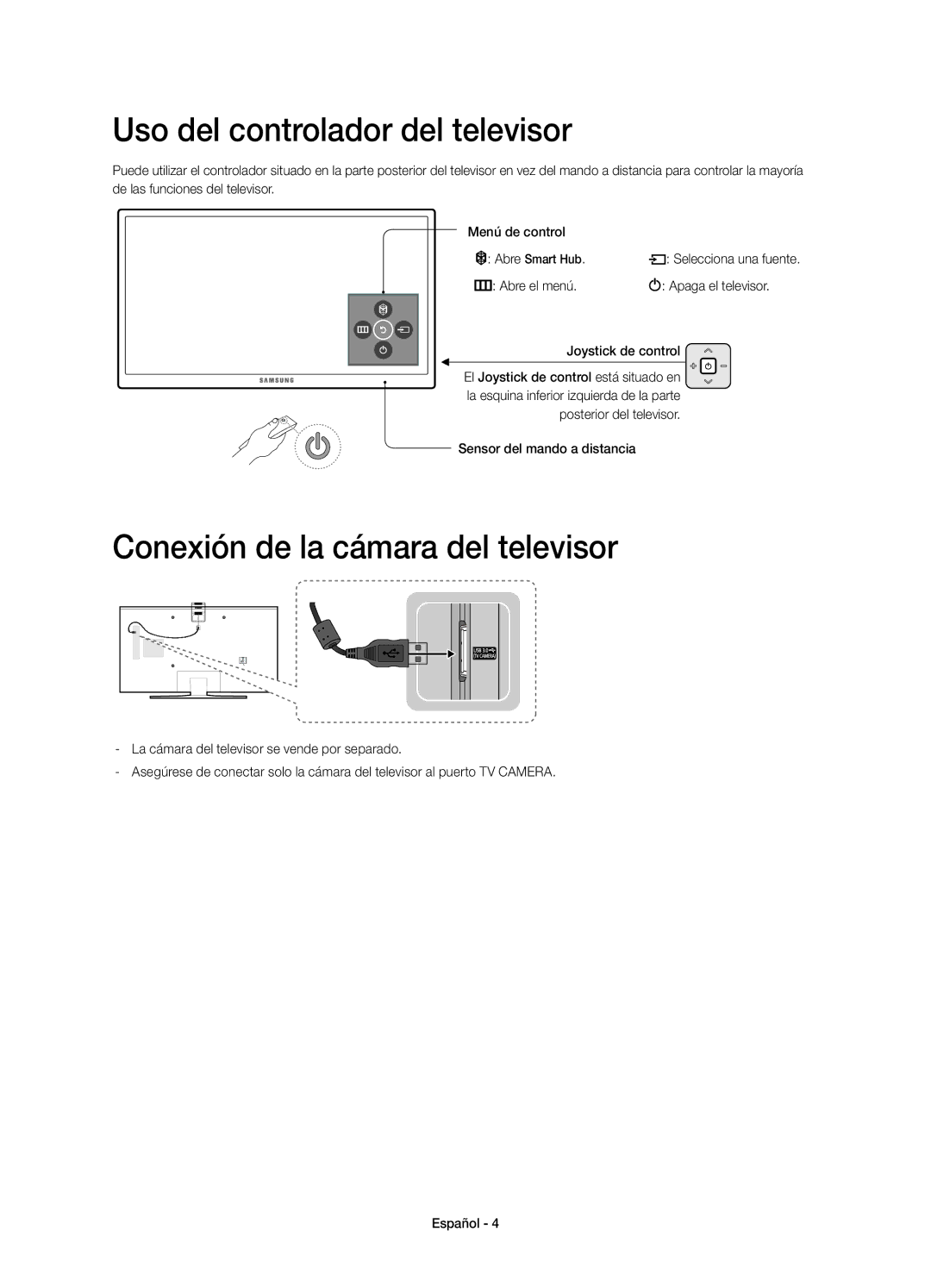 Samsung UE48JS8500TXXC manual Uso del controlador del televisor, Conexión de la cámara del televisor, Apaga el televisor 