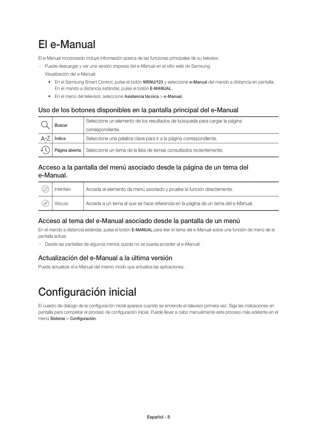 Samsung UE55JS8500TXZT El e-Manual, Configuración inicial, Actualización del e-Manual a la última versión, Correspondiente 