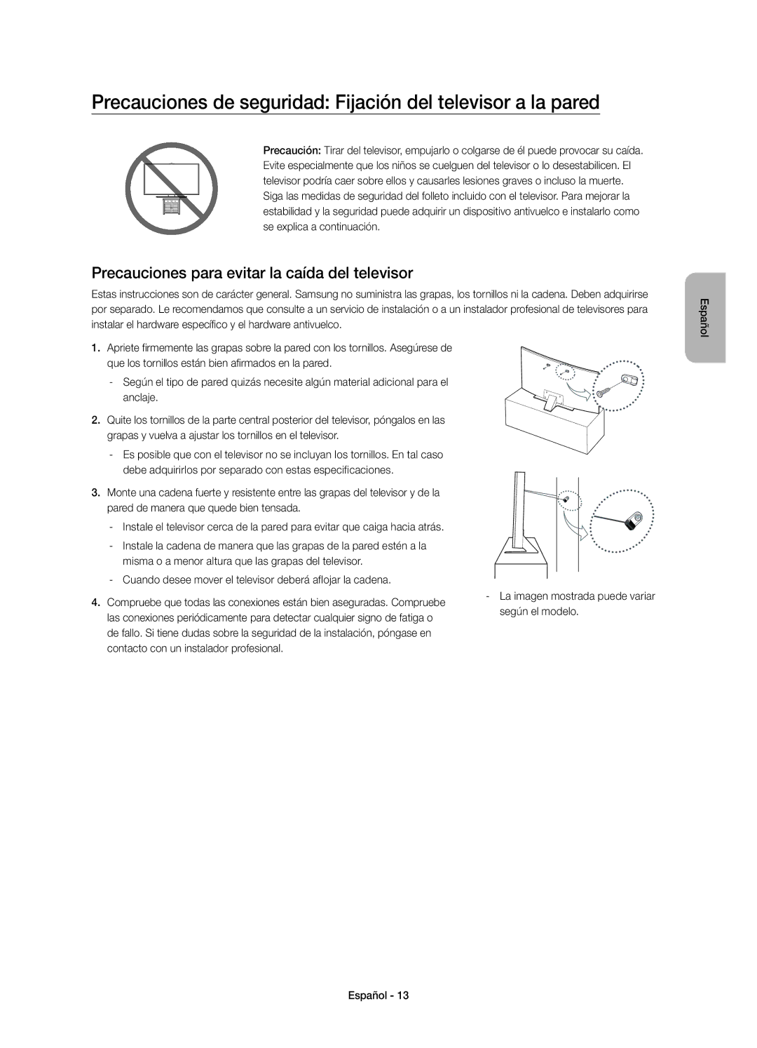 Samsung UE55JS8500TXXC, UE48JS8500TXXC, UE48JS8500TXZF manual Precauciones de seguridad Fijación del televisor a la pared 