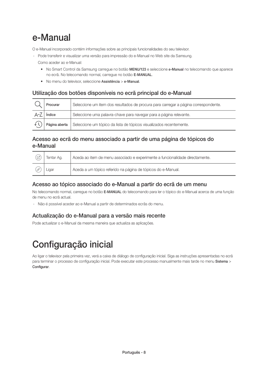 Samsung UE48JS8500TXZF, UE48JS8500TXXC manual Configuração inicial, Actualização do e-Manual para a versão mais recente 