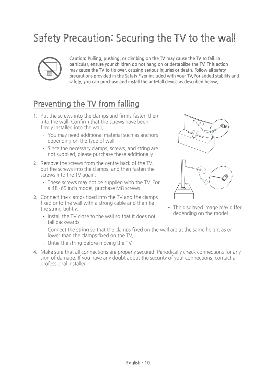 Samsung UE48JS8500TXZF, UE48JS8500TXXC manual Safety Precaution Securing the TV to the wall, Preventing the TV from falling 