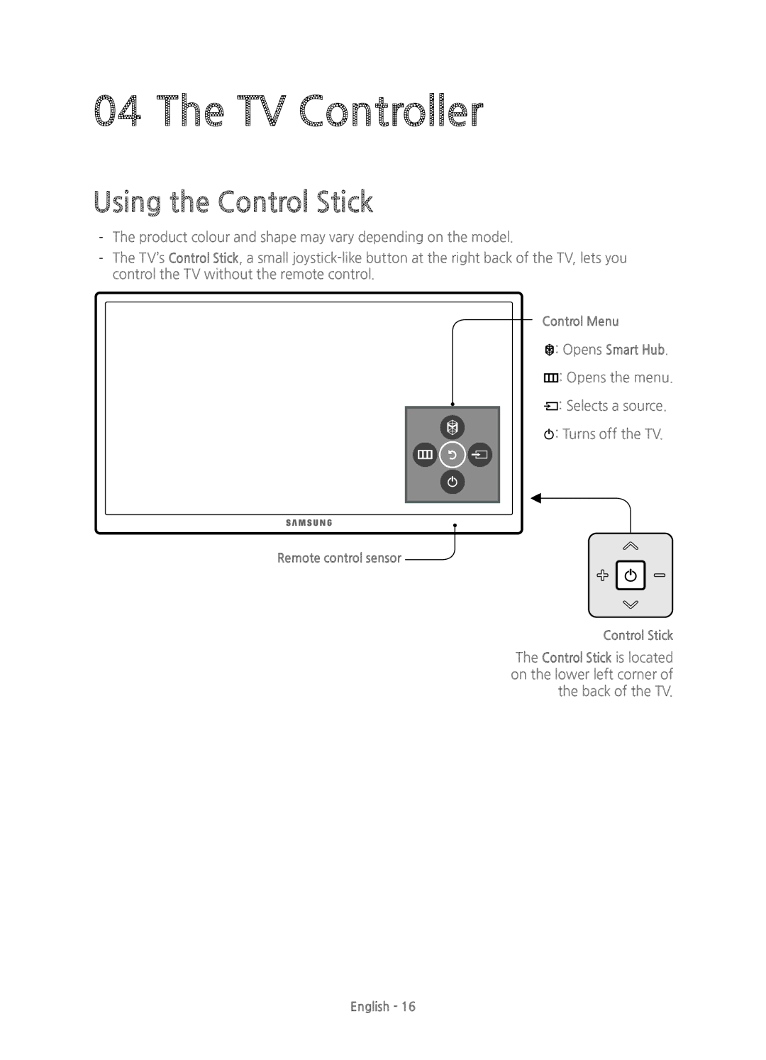 Samsung UE48JS8500TXXC, UE55JS8500TXXC, UE48JS8500TXZF, UE55JS8500TXZF, UE55JS8500TXZT TV Controller, Using the Control Stick 