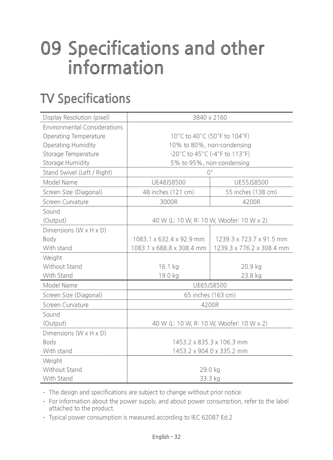 Samsung UE48JS8500TXXC, UE55JS8500TXXC, UE48JS8500TXZF manual Specifications and other information, TV Specifications 