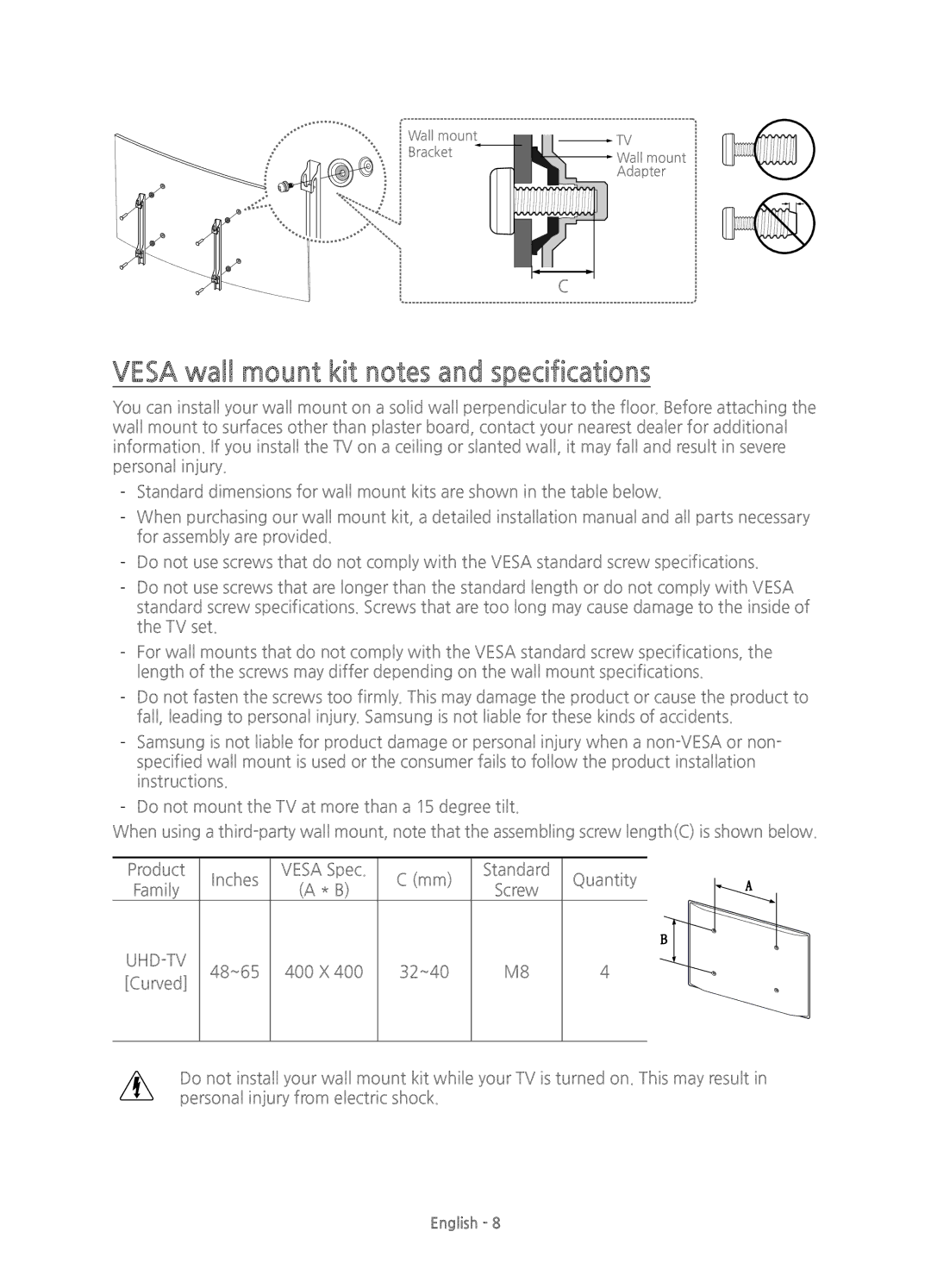 Samsung UE48JS8500TXXC, UE55JS8500TXXC, UE48JS8500TXZF, UE55JS8500TXZF Vesa wall mount kit notes and specifications, Uhd-Tv 