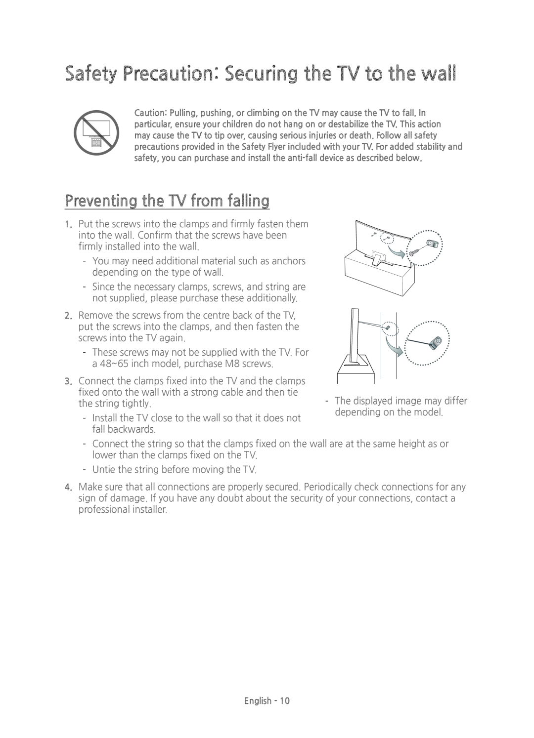 Samsung UE48JS8500TXZF, UE48JS8500TXXC manual Safety Precaution Securing the TV to the wall, Preventing the TV from falling 