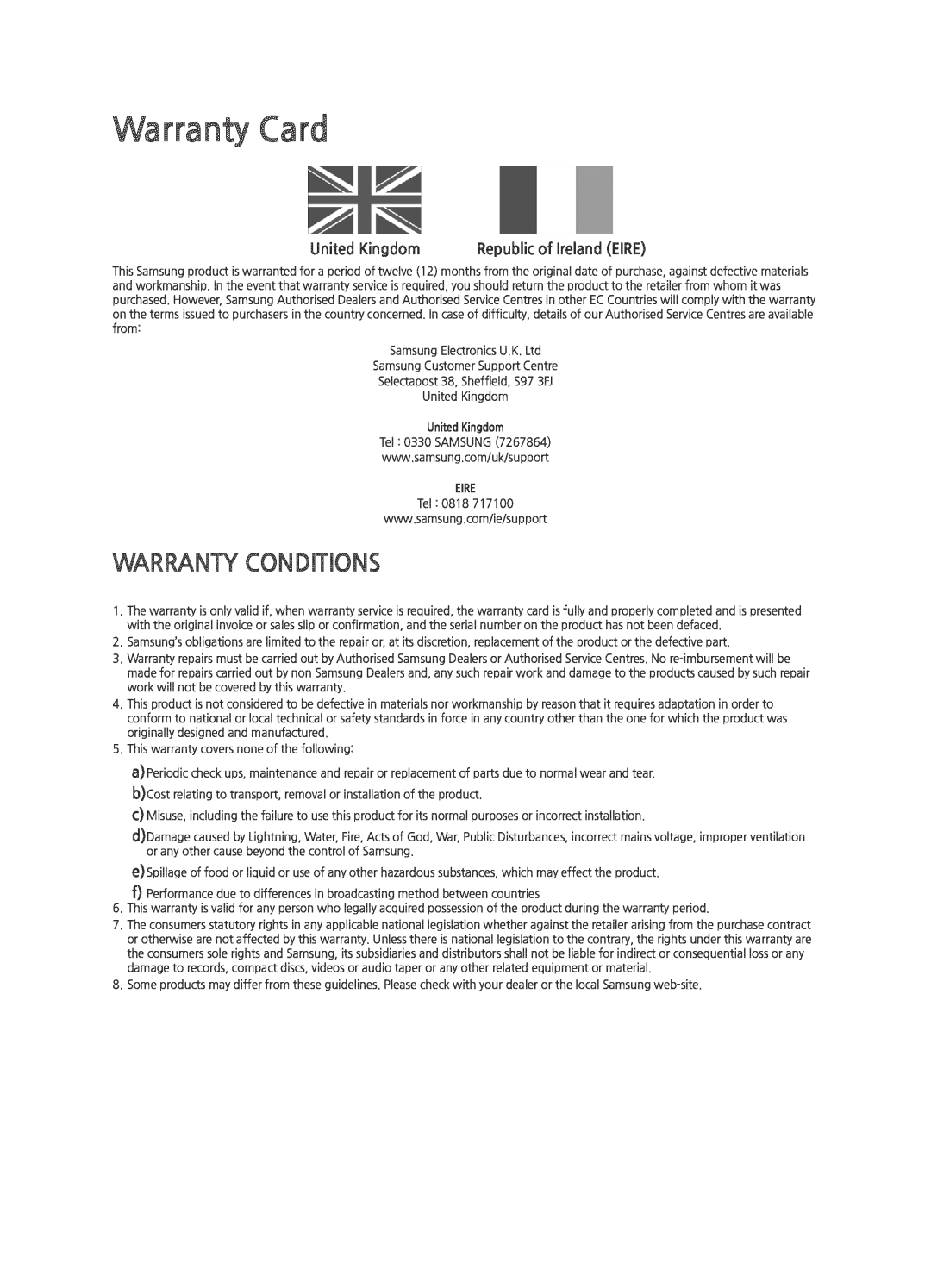 Samsung UE55JS8500TXZF, UE48JS8500TXXC Warranty Card, Warranty Conditions, Republic of Ireland EIRE, United Kingdom, Eire 
