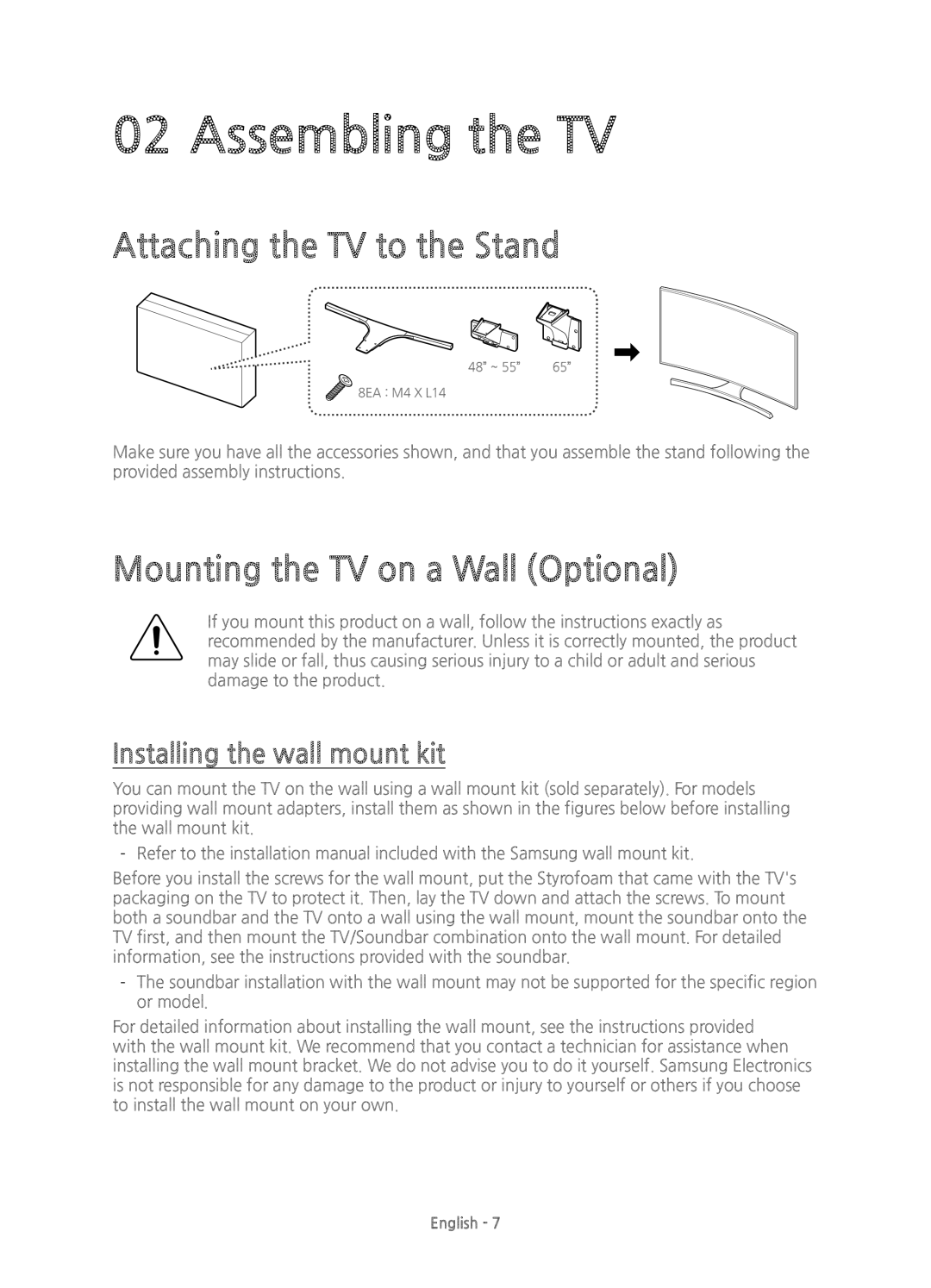 Samsung UE48JS8500TXXU manual Assembling the TV, Attaching the TV to the Stand, Mounting the TV on a Wall Optional 