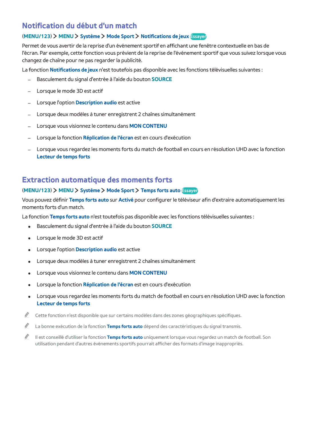 Samsung UE55JS9000TXZF, UE48JS9000TXZF manual Notification du début dun match, Extraction automatique des moments forts 