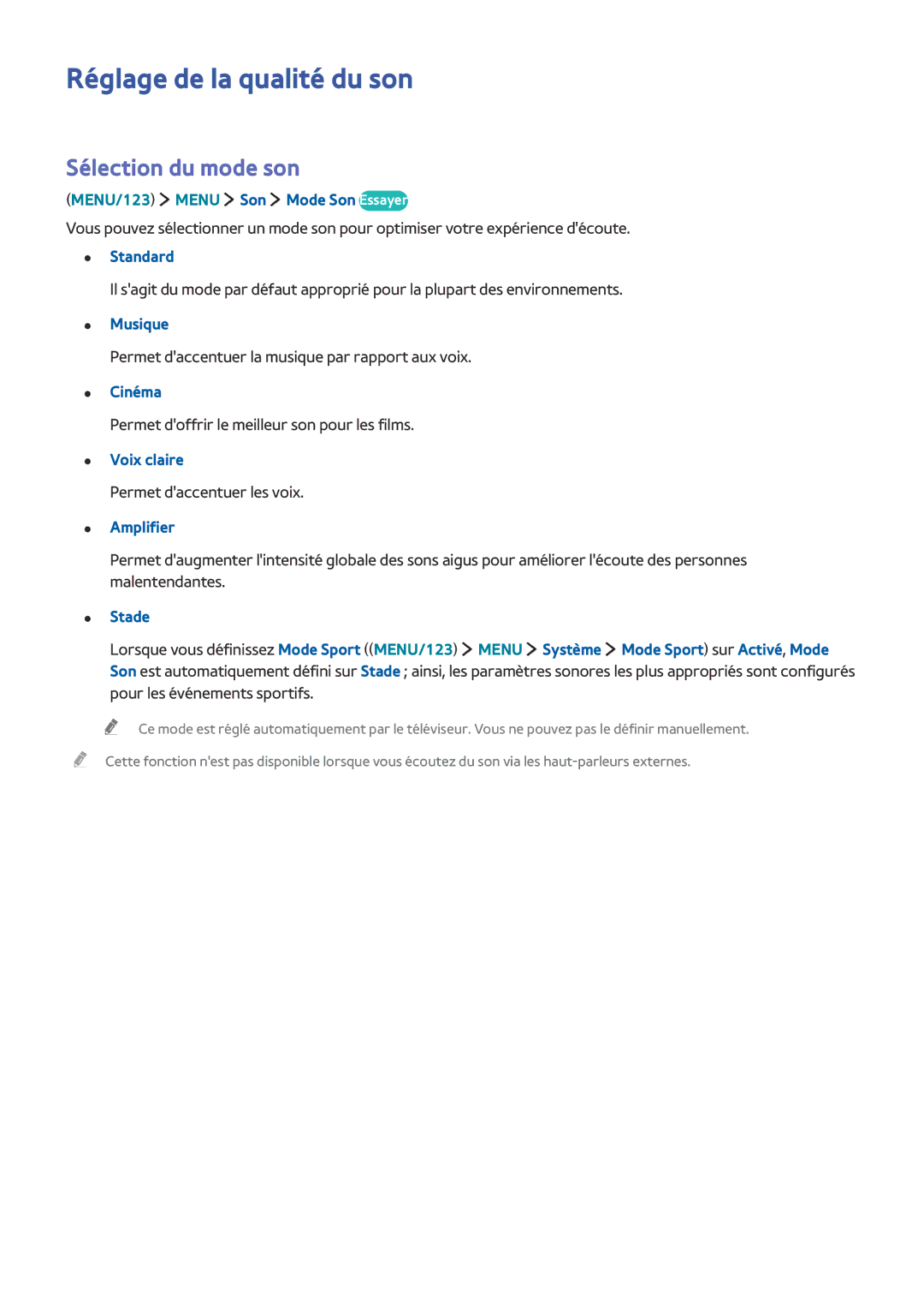 Samsung UE48JS9000TXZF, UE88JS9500TXZF, UE65JS9500TXZF, UE55JS9000TXZF Réglage de la qualité du son, Sélection du mode son 