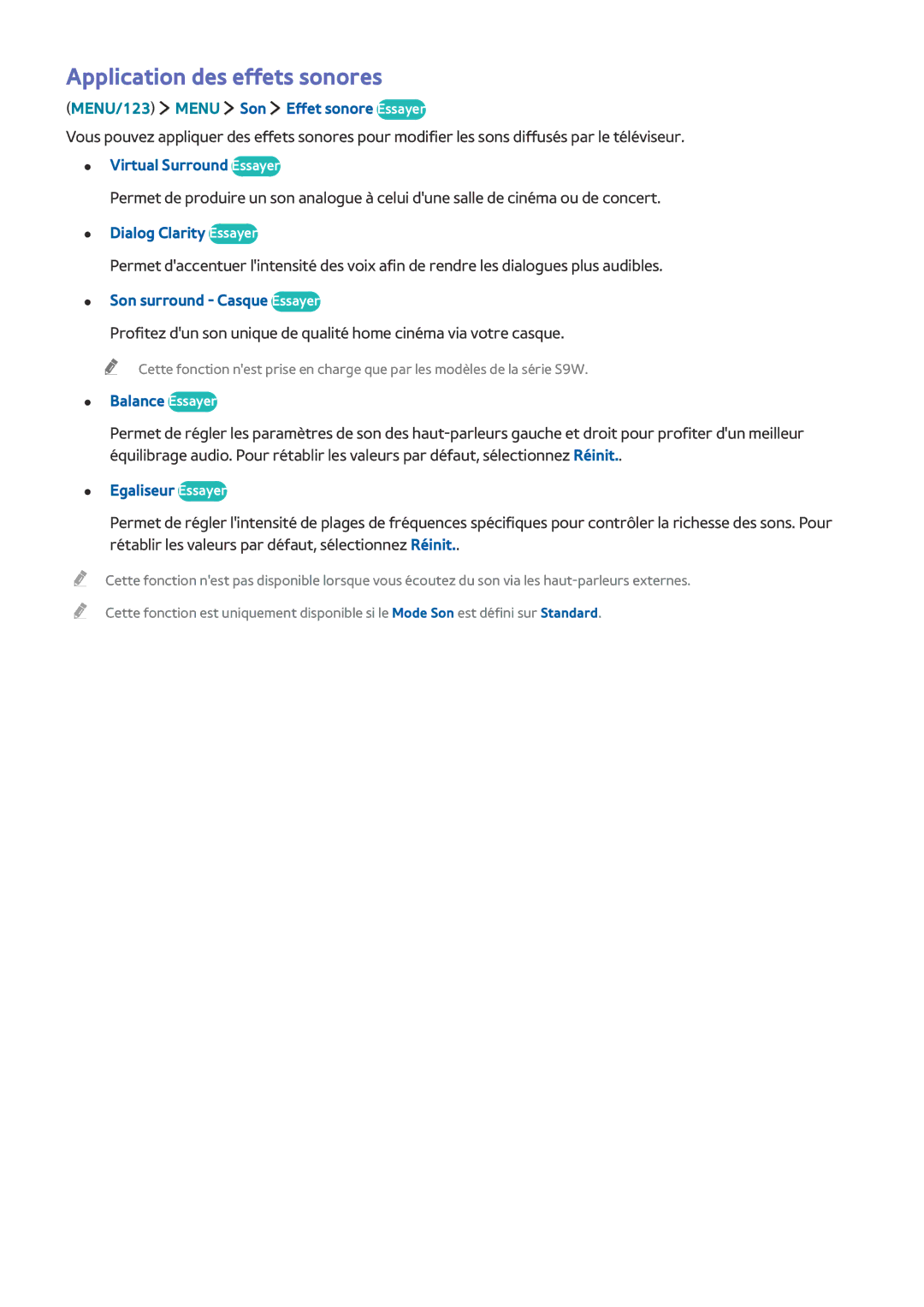 Samsung UE88JS9500TXZF, UE48JS9000TXZF, UE65JS9500TXZF, UE55JS9000TXZF, UE78JS9500TXZF manual Application des effets sonores 