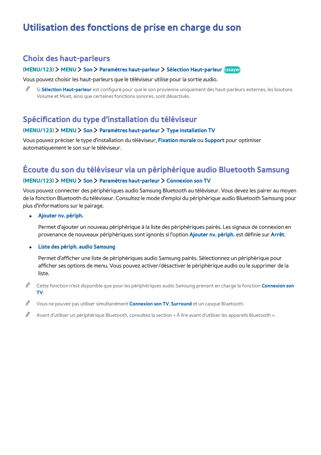 Samsung UE55JS9000TXZF, UE48JS9000TXZF manual Utilisation des fonctions de prise en charge du son, Choix des haut-parleurs 