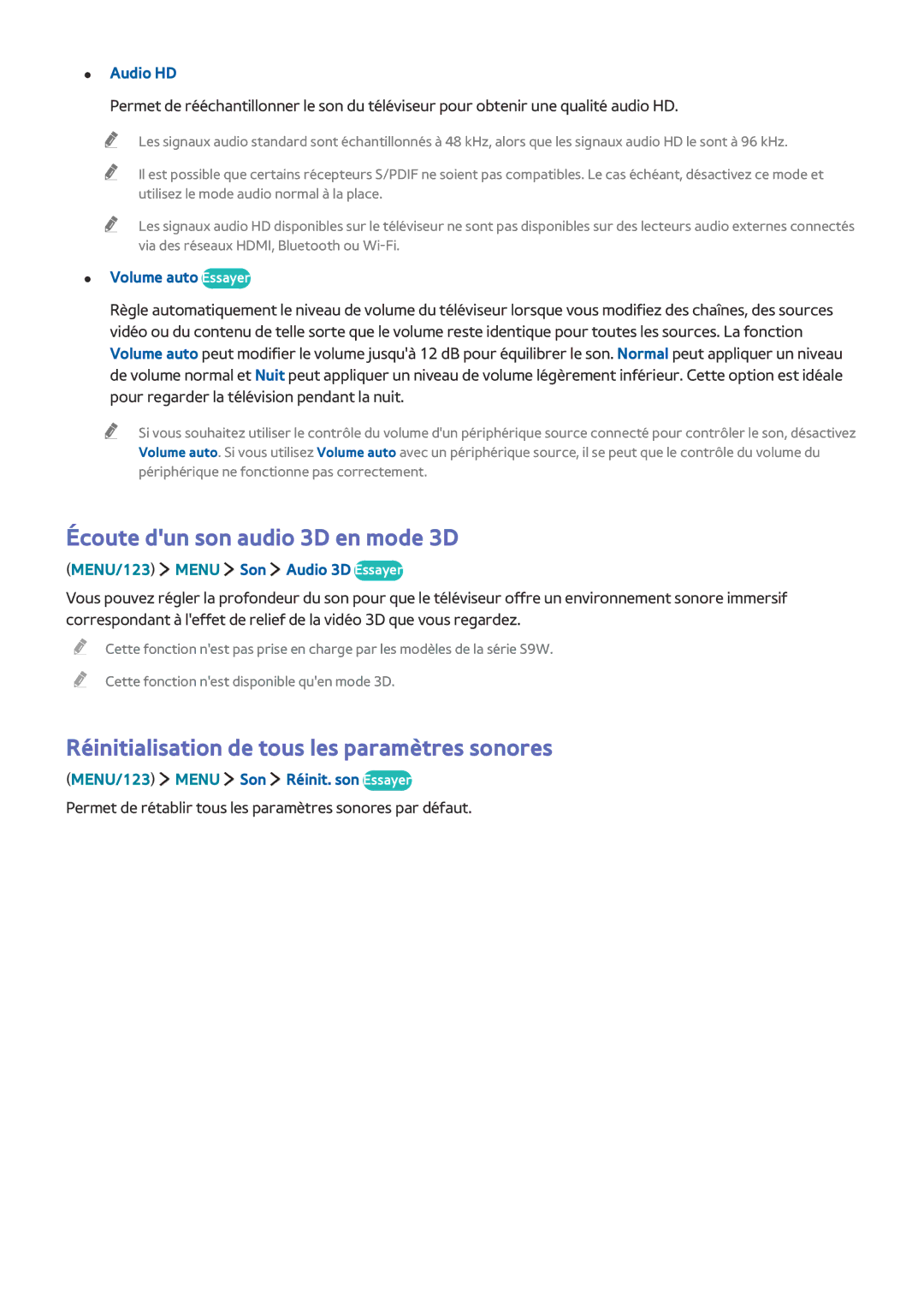 Samsung UE65JS9500TXZF, UE48JS9000TXZF Écoute dun son audio 3D en mode 3D, Réinitialisation de tous les paramètres sonores 