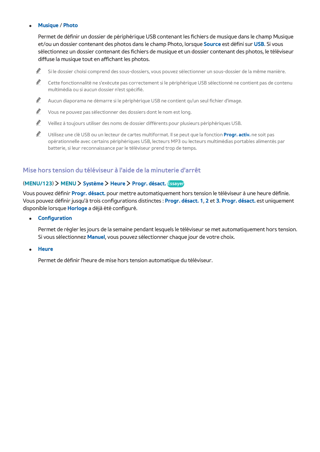 Samsung UE88JS9500TXZF, UE48JS9000TXZF, UE65JS9500TXZF Musique / Photo, MENU/123 Menu Système Heure Progr. désact. Essayer 