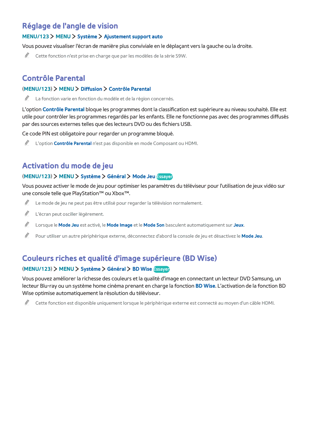 Samsung UE88JS9500TXZF, UE48JS9000TXZF manual Réglage de langle de vision, Contrôle Parental, Activation du mode de jeu 