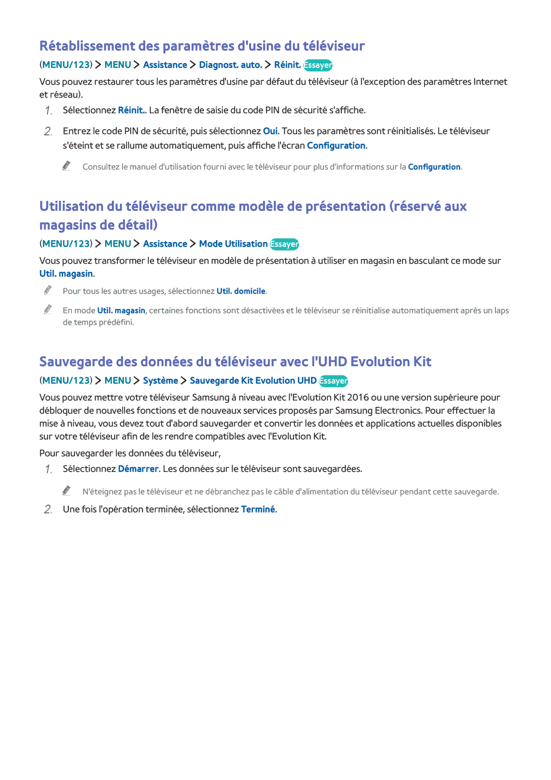 Samsung UE78JS9500TXZF, UE48JS9000TXZF, UE88JS9500TXZF, UE65JS9500TXZF Rétablissement des paramètres dusine du téléviseur 