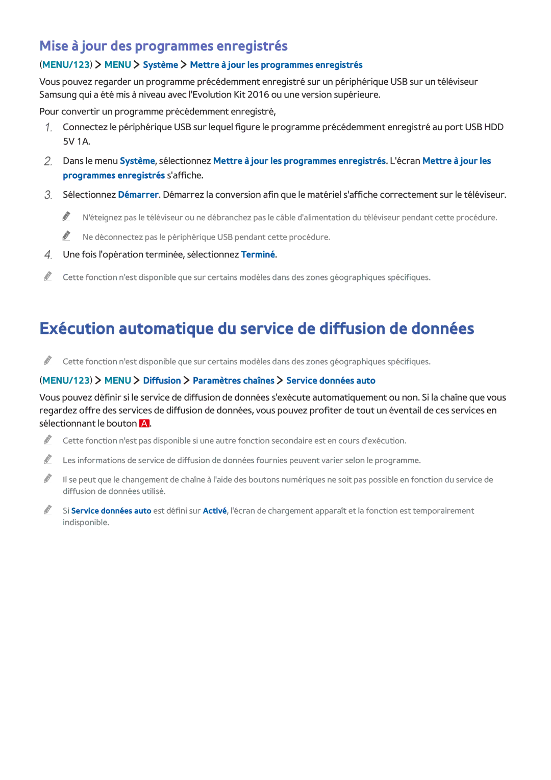 Samsung UE48JS9000TXZF Exécution automatique du service de diffusion de données, Mise à jour des programmes enregistrés 