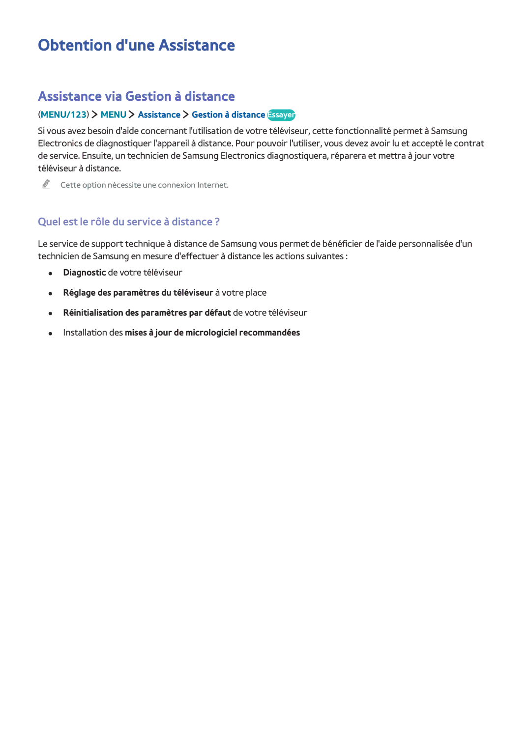 Samsung UE48JS9000TXZF, UE88JS9500TXZF, UE65JS9500TXZF manual Obtention dune Assistance, Assistance via Gestion à distance 