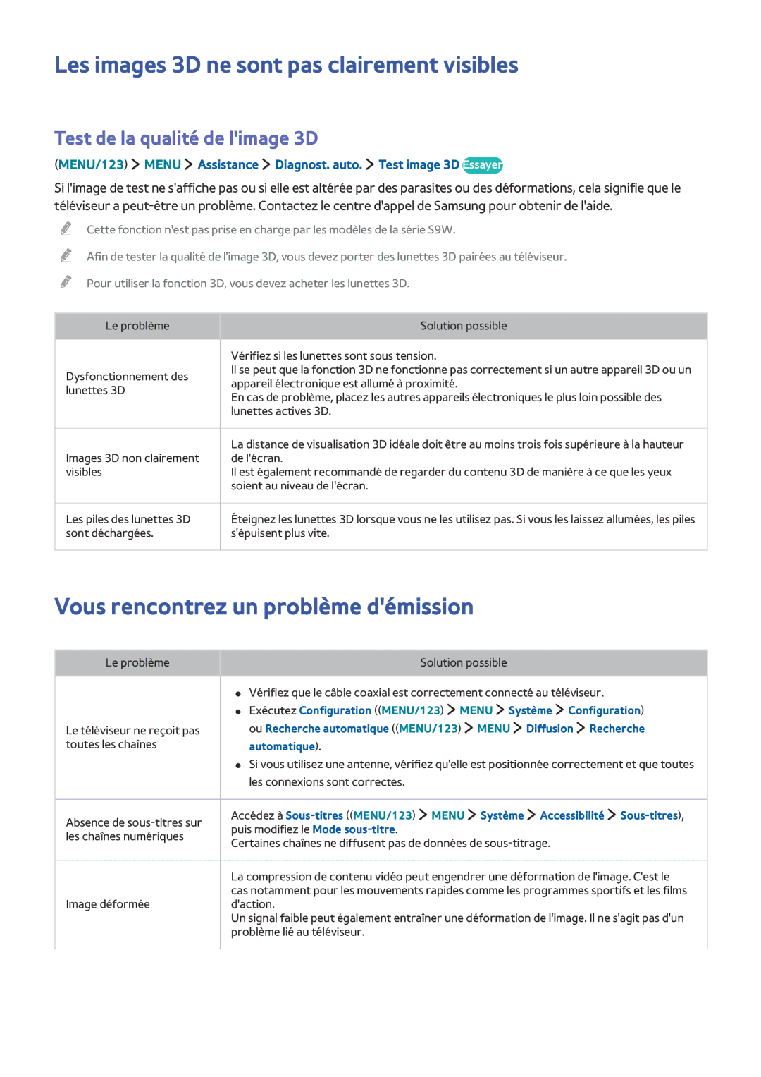 Samsung UE48JS9000TXZF manual Les images 3D ne sont pas clairement visibles, Vous rencontrez un problème démission 