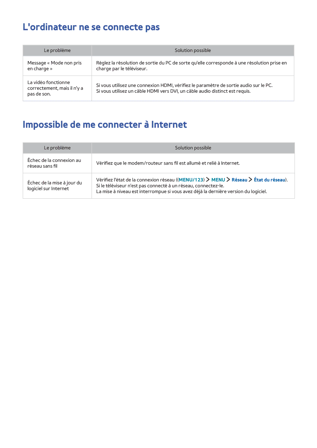 Samsung UE88JS9500TXZF, UE48JS9000TXZF manual Lordinateur ne se connecte pas, Impossible de me connecter à Internet 