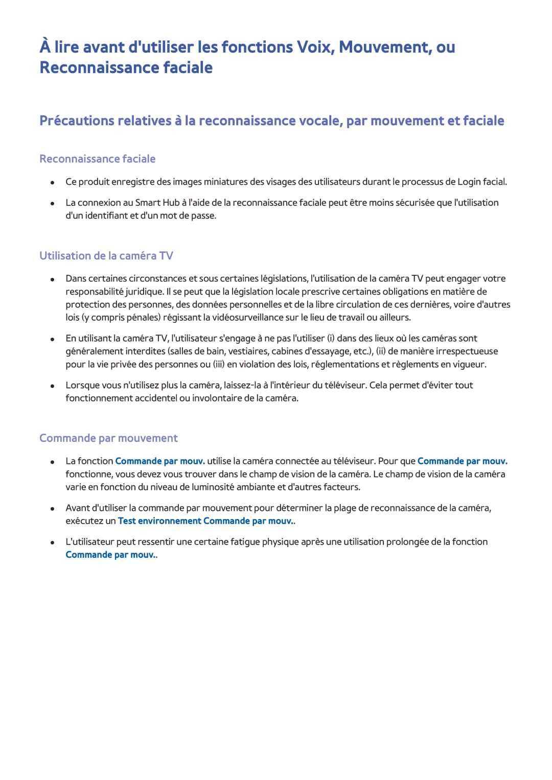 Samsung UE88JS9500TXZF, UE48JS9000TXZF manual Reconnaissance faciale, Utilisation de la caméra TV, Commande par mouvement 