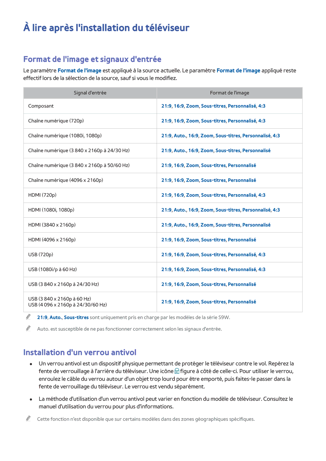 Samsung UE55JS9000TXZF, UE48JS9000TXZF manual Lire après linstallation du téléviseur, Format de limage et signaux dentrée 