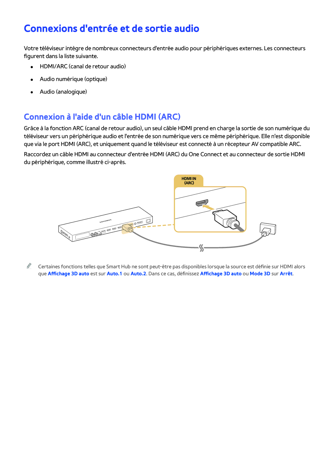 Samsung UE88JS9500TXZF, UE48JS9000TXZF manual Connexions dentrée et de sortie audio, Connexion à laide dun câble Hdmi ARC 