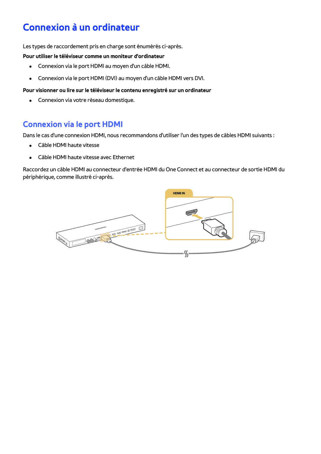 Samsung UE55JS9000TXZF manual Connexion à un ordinateur, Connexion via le port Hdmi, Connexion via votre réseau domestique 