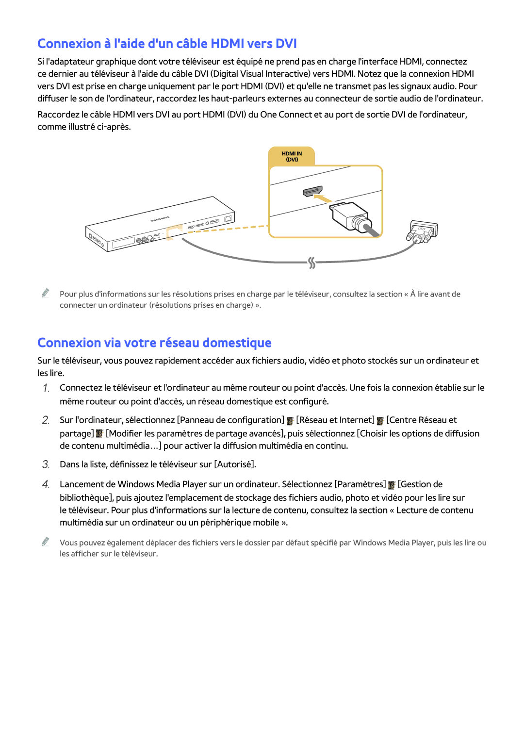 Samsung UE78JS9500TXZF, UE48JS9000TXZF Connexion à laide dun câble Hdmi vers DVI, Connexion via votre réseau domestique 