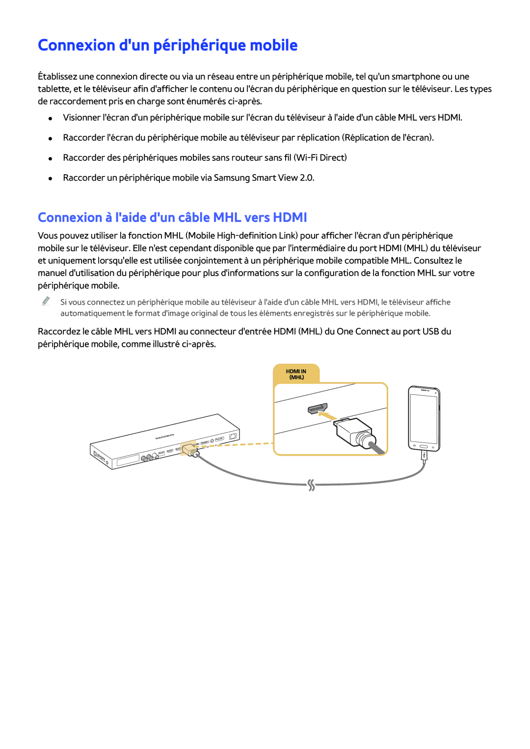 Samsung UE48JS9000TXZF, UE88JS9500TXZF manual Connexion dun périphérique mobile, Connexion à laide dun câble MHL vers Hdmi 