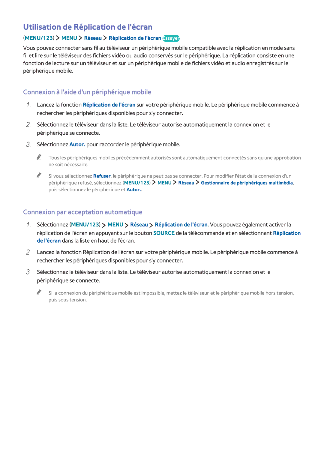 Samsung UE88JS9500TXZF, UE48JS9000TXZF Utilisation de Réplication de lécran, Connexion à laide dun périphérique mobile 