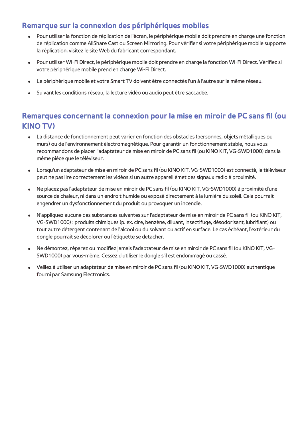 Samsung UE65JS9500TXZF, UE48JS9000TXZF, UE88JS9500TXZF manual Remarque sur la connexion des périphériques mobiles, Kino TV 