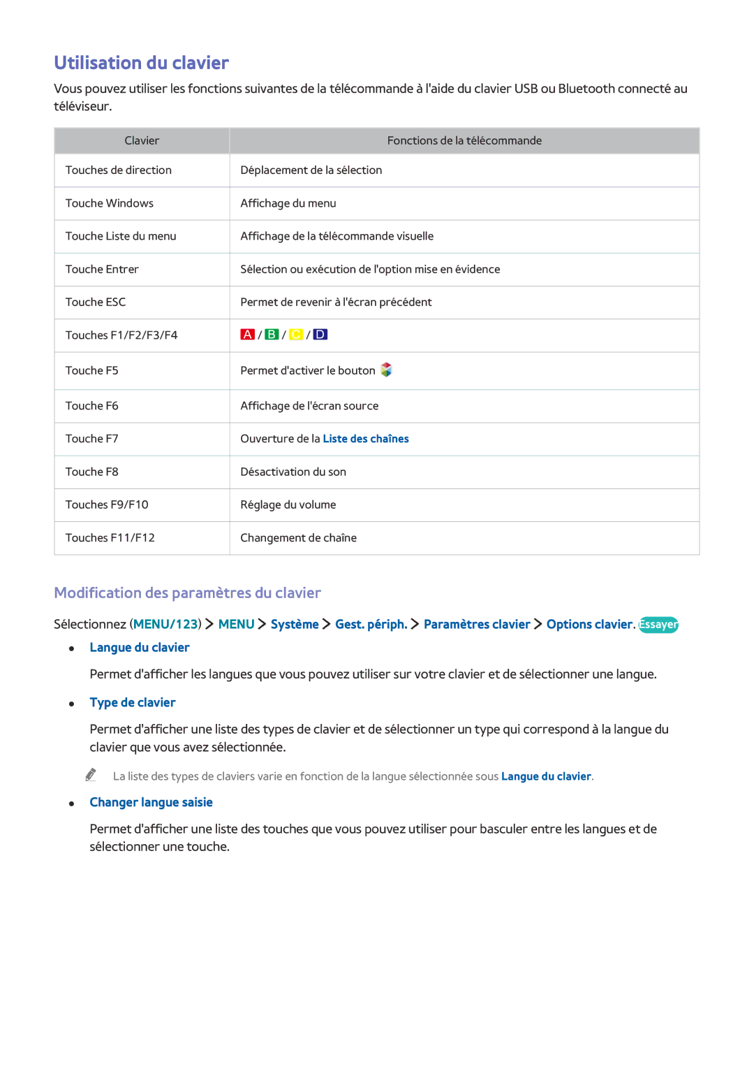 Samsung UE48JS9000TXZF, UE88JS9500TXZF Utilisation du clavier, Modification des paramètres du clavier, Type de clavier 