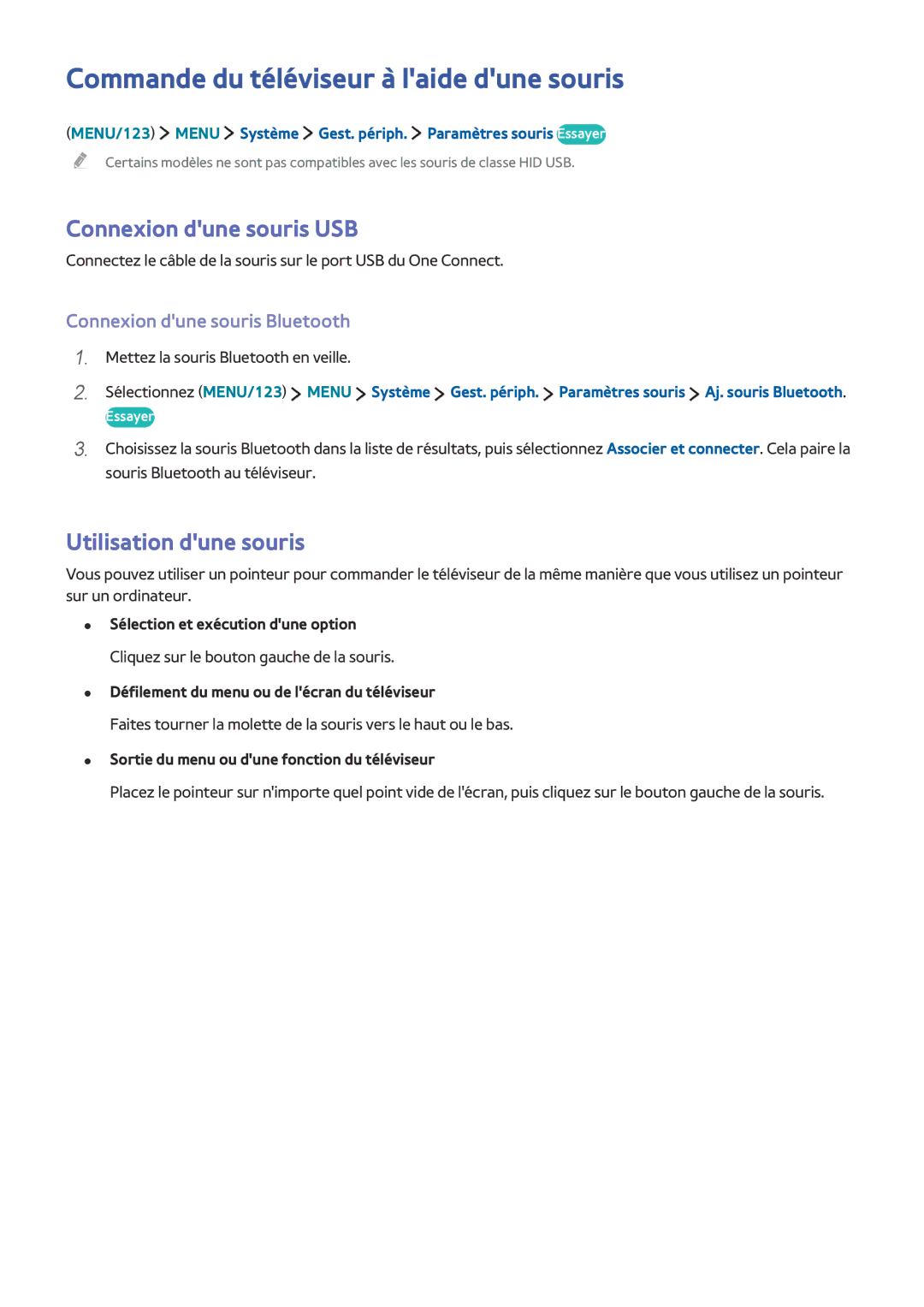 Samsung UE88JS9500TXZF Commande du téléviseur à laide dune souris, Connexion dune souris USB, Utilisation dune souris 