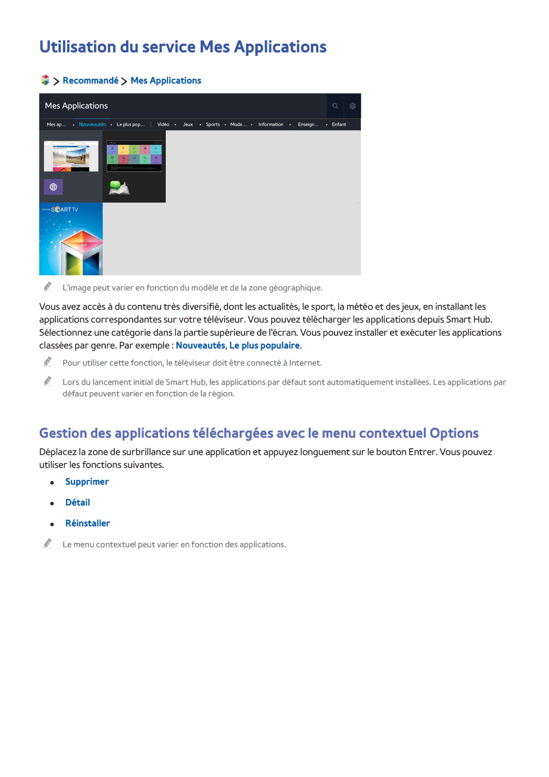 Samsung UE55JS9000TXZF Utilisation du service Mes Applications, Recommandé Mes Applications, Supprimer Détail Réinstaller 