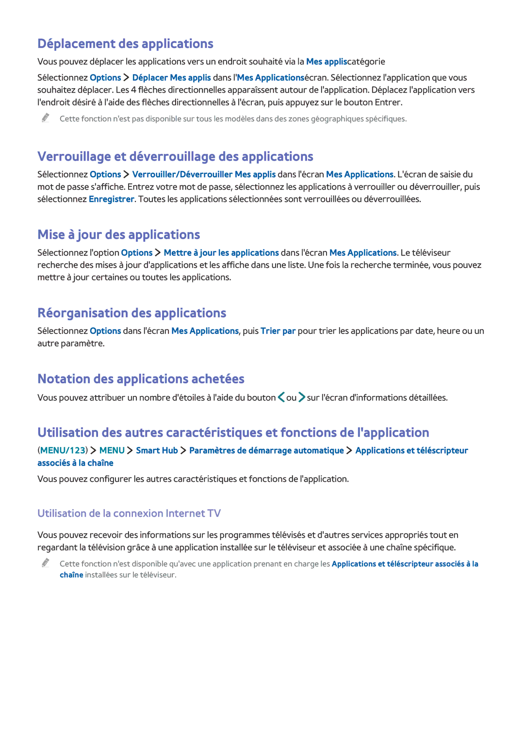 Samsung UE48JS9000TXZF, UE88JS9500TXZF manual Déplacement des applications, Verrouillage et déverrouillage des applications 