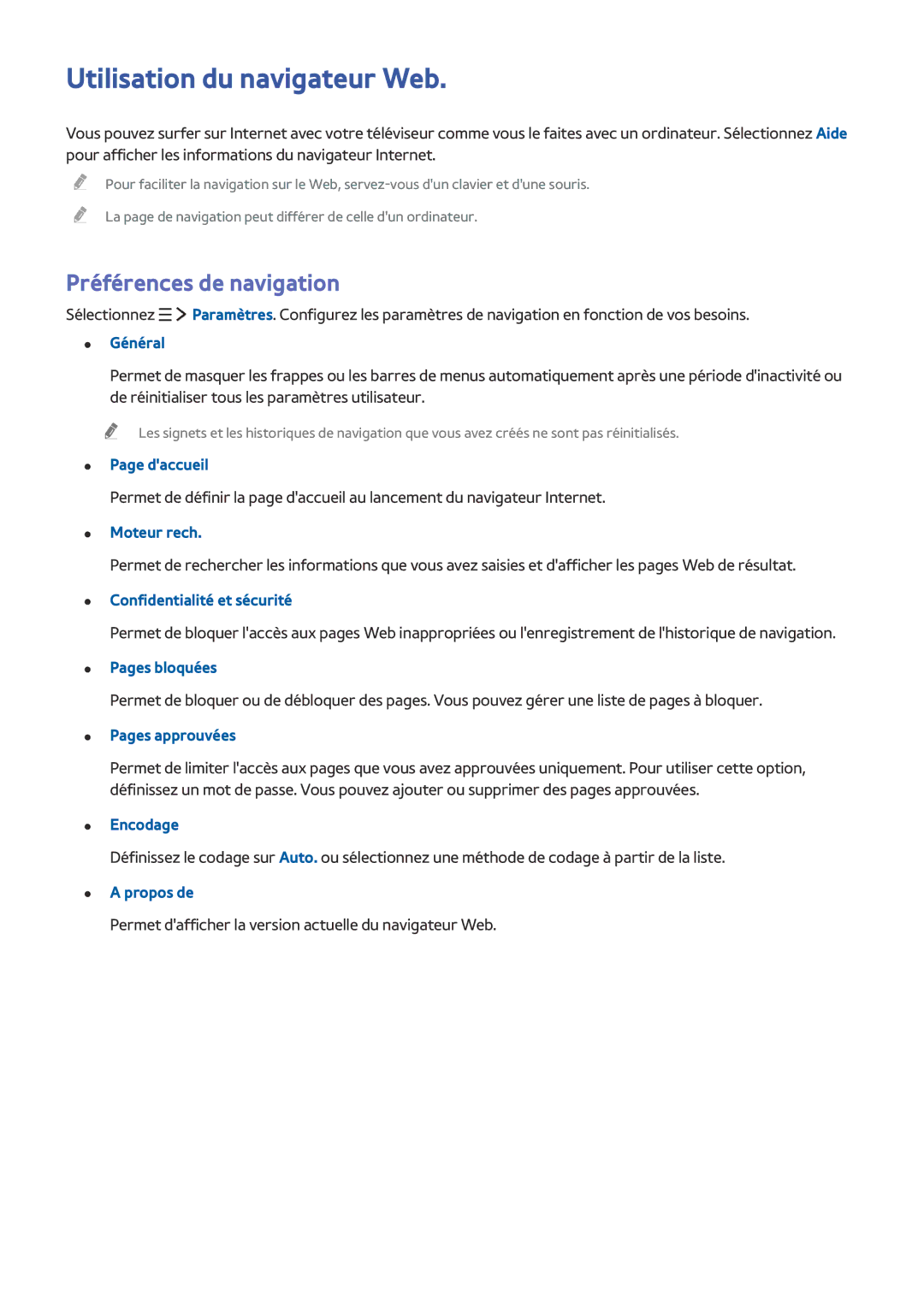 Samsung UE65JS9500TXZF, UE48JS9000TXZF, UE88JS9500TXZF manual Utilisation du navigateur Web, Préférences de navigation 