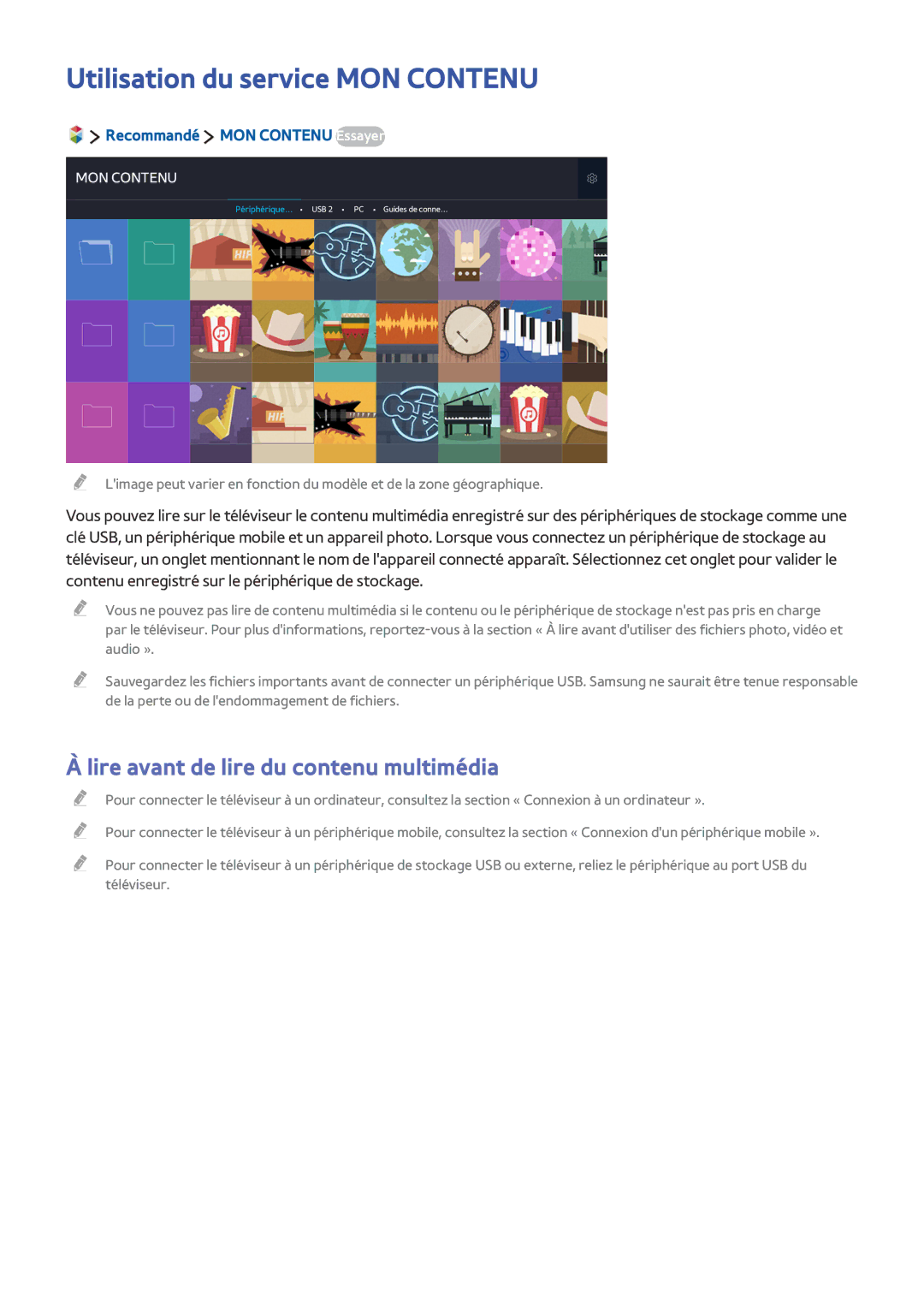 Samsung UE55JS9000TXZF, UE48JS9000TXZF manual Utilisation du service MON Contenu, Lire avant de lire du contenu multimédia 