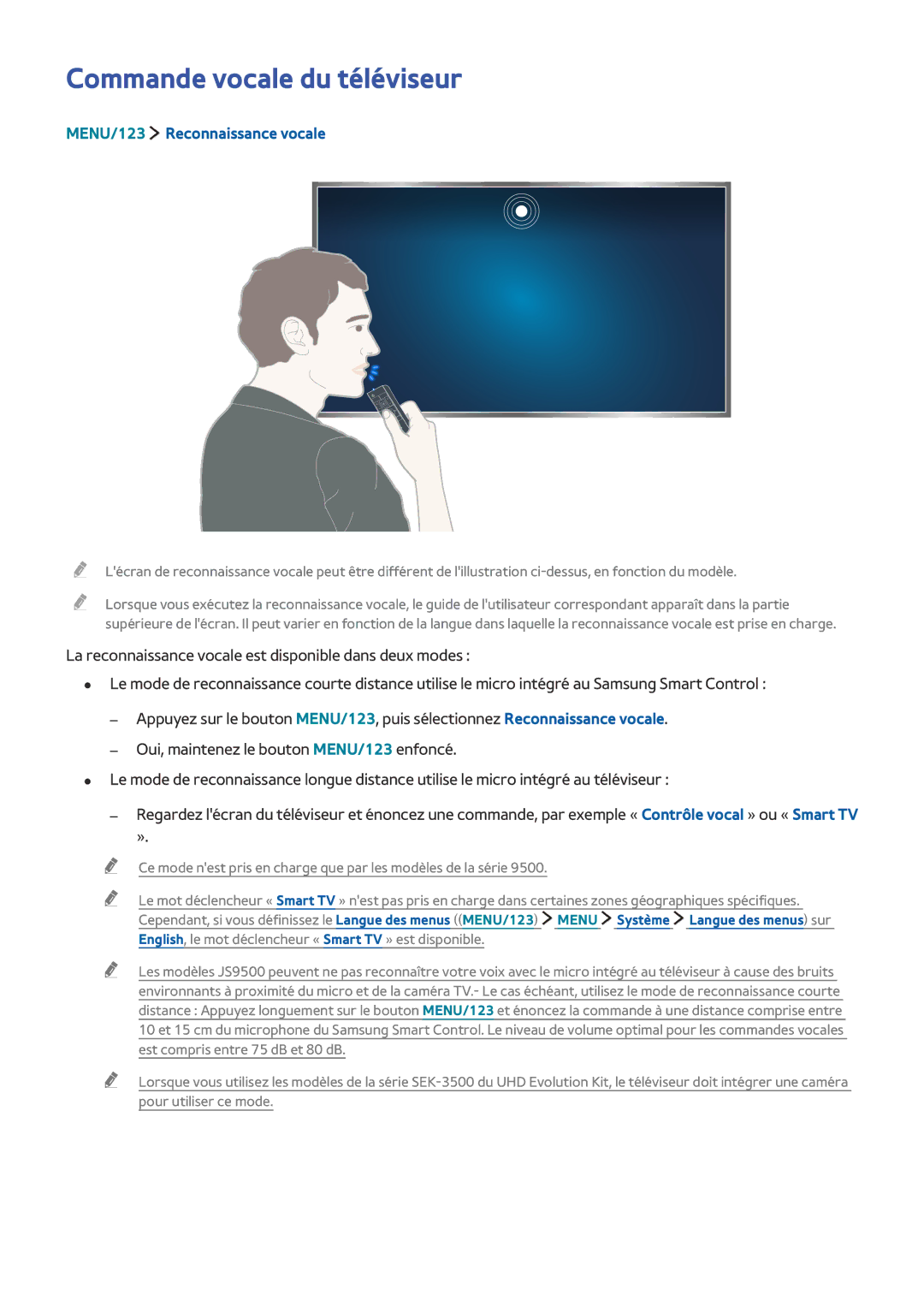 Samsung UE65JS9500TXZF, UE48JS9000TXZF, UE88JS9500TXZF manual Commande vocale du téléviseur, MENU/123 Reconnaissance vocale 