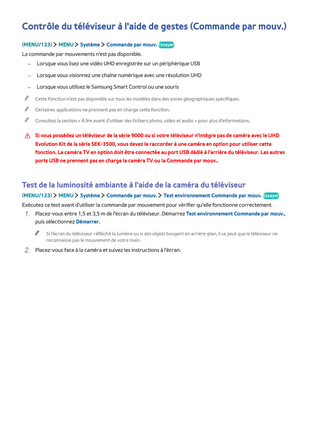 Samsung UE65JS9500TXZF, UE48JS9000TXZF, UE88JS9500TXZF manual Contrôle du téléviseur à laide de gestes Commande par mouv 
