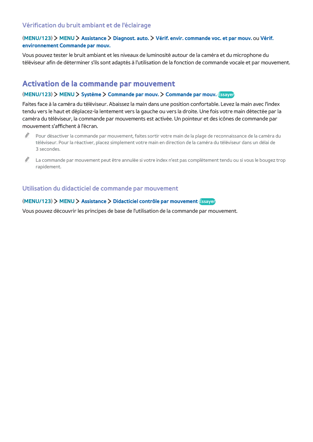 Samsung UE55JS9000TXZF manual Activation de la commande par mouvement, Vérification du bruit ambiant et de léclairage 