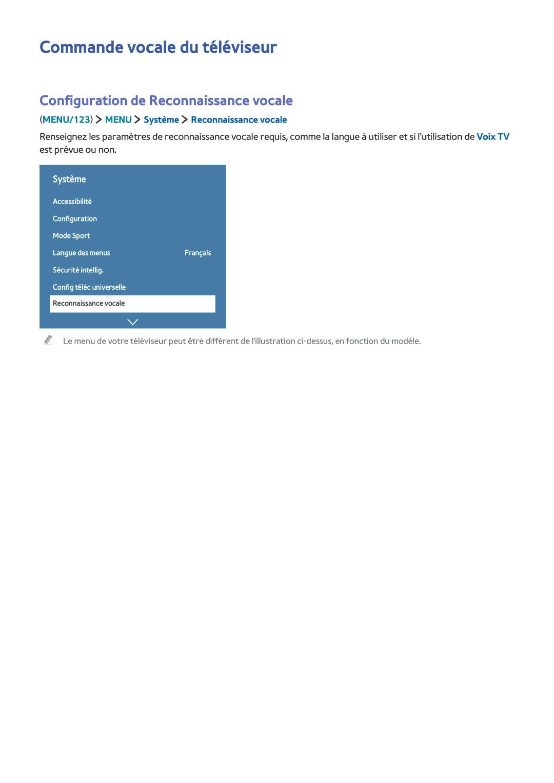 Samsung UE55JS9000TXZF, UE48JS9000TXZF manual Commande vocale du téléviseur, Configuration de Reconnaissance vocale 