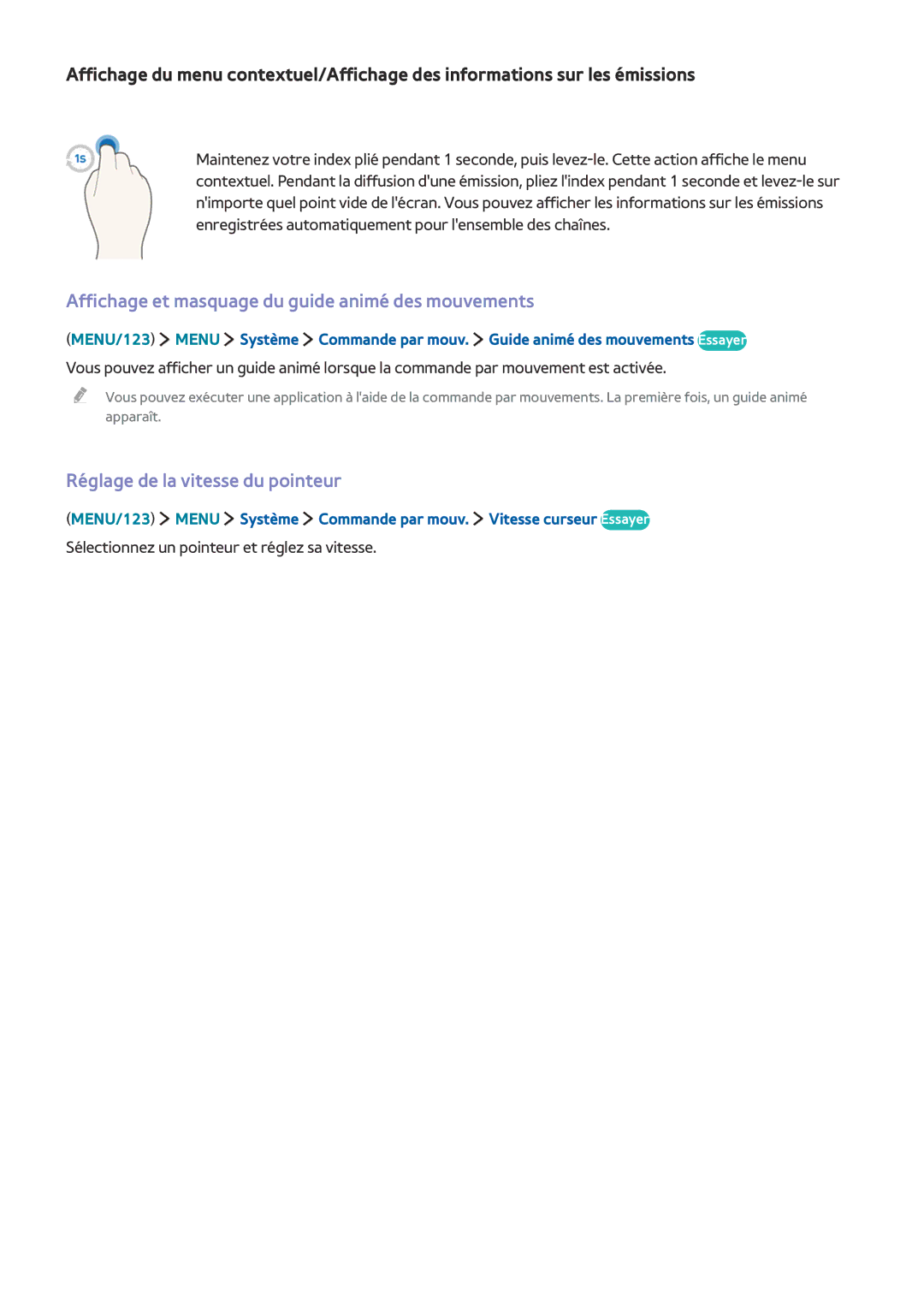 Samsung UE48JS9000TXZF manual Affichage et masquage du guide animé des mouvements, Réglage de la vitesse du pointeur 