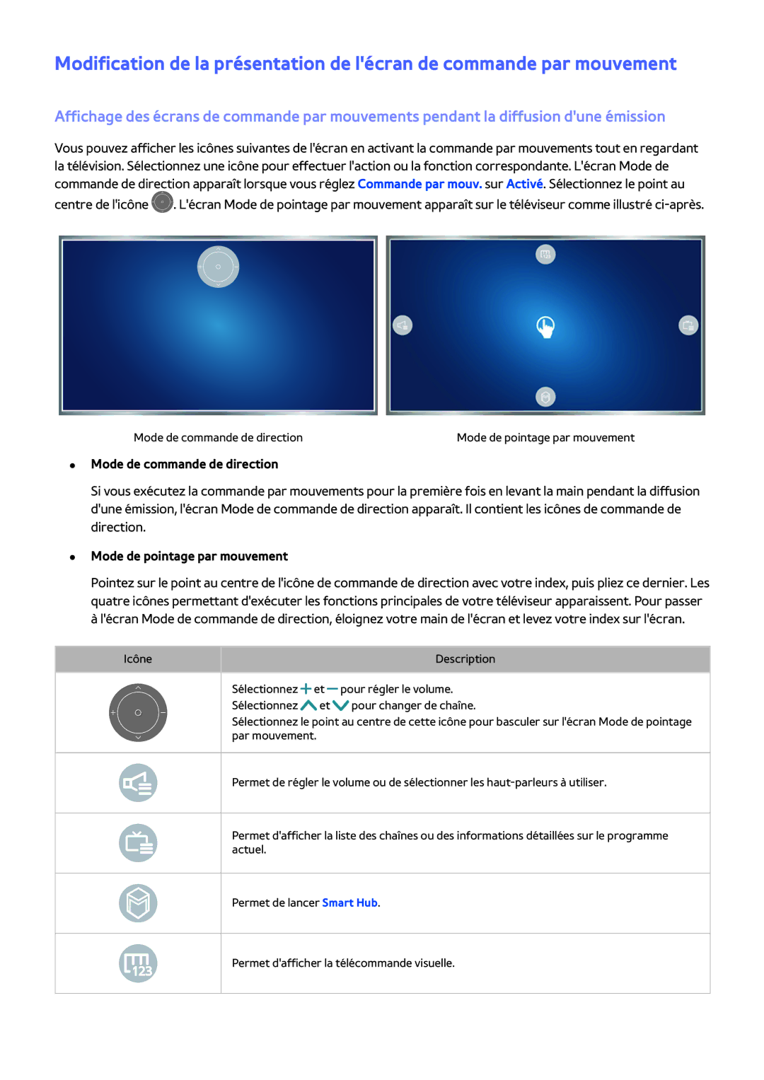 Samsung UE88JS9500TXZF, UE48JS9000TXZF, UE65JS9500TXZF manual Mode de commande de direction, Mode de pointage par mouvement 