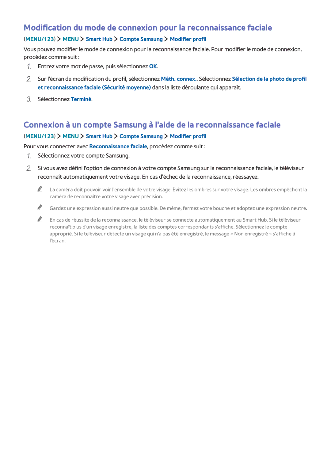 Samsung UE78JS9500TXZF, UE48JS9000TXZF manual MENU/123 Menu Smart Hub Compte Samsung Modifier profil, Sélectionnez Terminé 