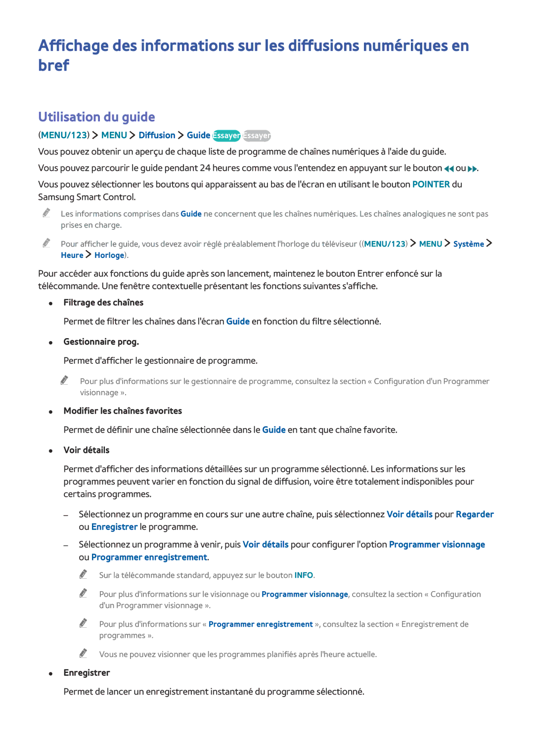 Samsung UE48JS9000TXZF, UE88JS9500TXZF manual Utilisation du guide, MENU/123 Menu Diffusion Guide Essayer Essayer EPG 