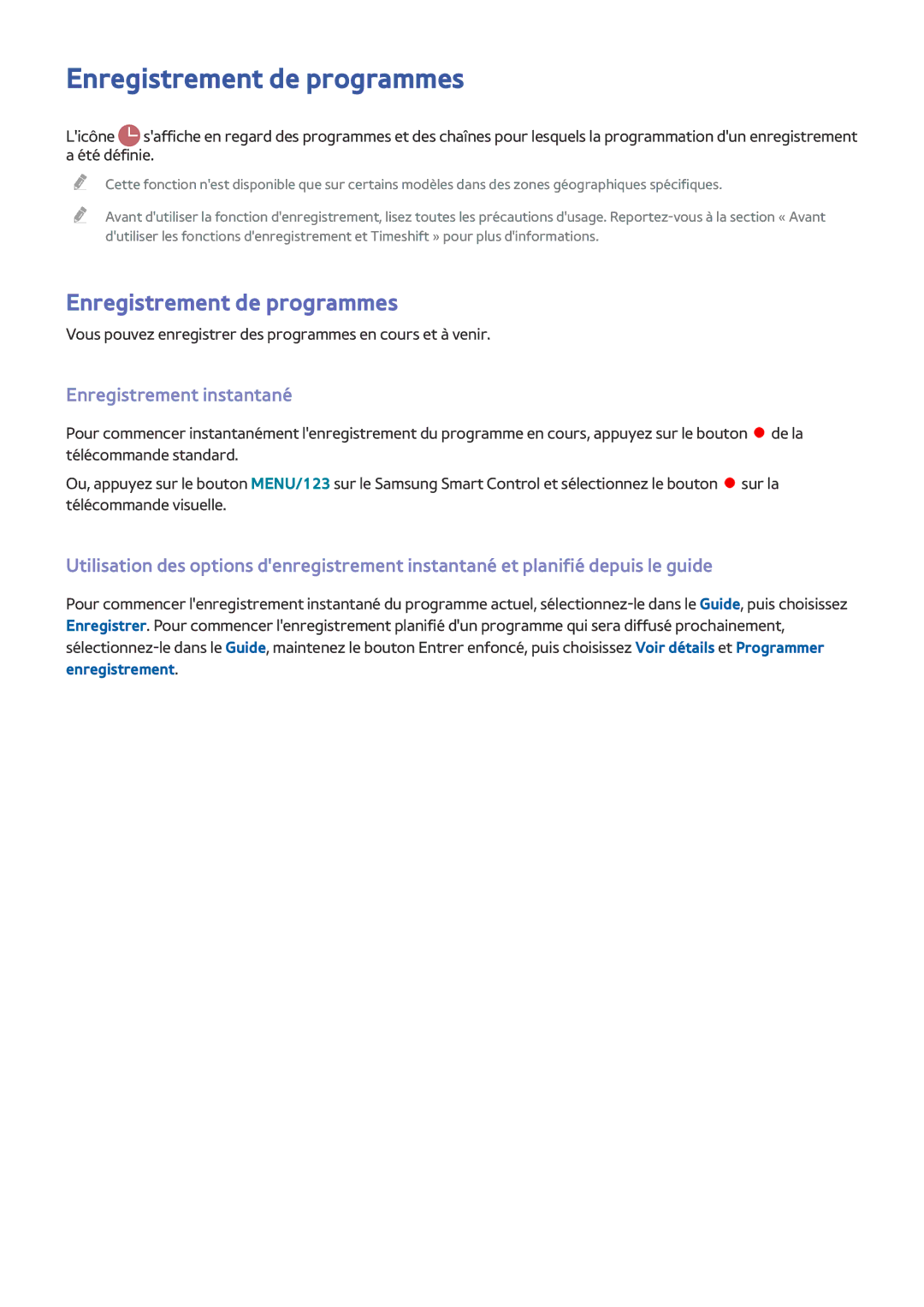 Samsung UE65JS9500TXZF, UE48JS9000TXZF, UE88JS9500TXZF manual Enregistrement de programmes, Enregistrement instantané 